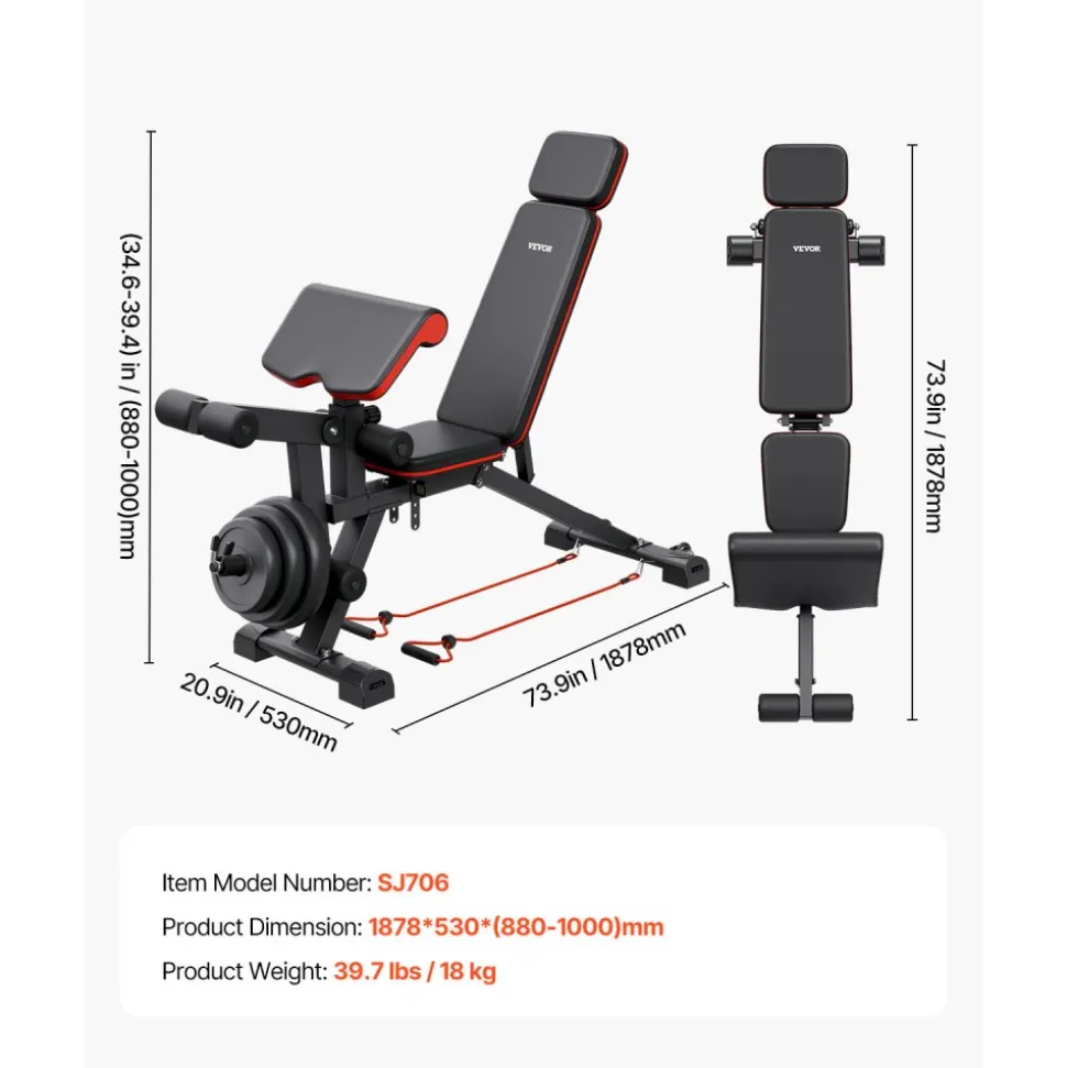VEVOR Weight Bench, 800lbs Adjustable Weight Bench Press for Full Body Workout, Exercise Sit up Bench for Home Gym Strength Training, Flat Bench with with Leg Extension, Preacher Pad, Fast Adjustment