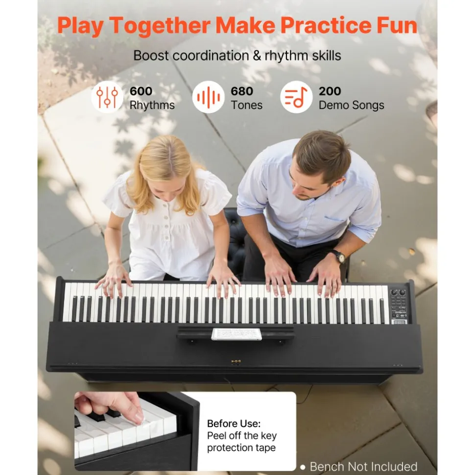 VEVOR Weighted Digital Piano, 88 Keys Fully Weighted, Electric Piano Keyboard with Furniture Stand, Power Adapter, Triple Pedal, 680 Tones, Support Wireless Connection, with Headphones, for Beginners