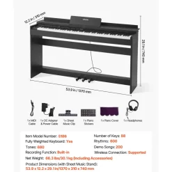 VEVOR Weighted Digital Piano, 88 Keys Fully Weighted, Electric Piano Keyboard with Furniture Stand, Power Adapter, Triple Pedal, 680 Tones, Support Wireless Connection, with Headphones, for Beginners