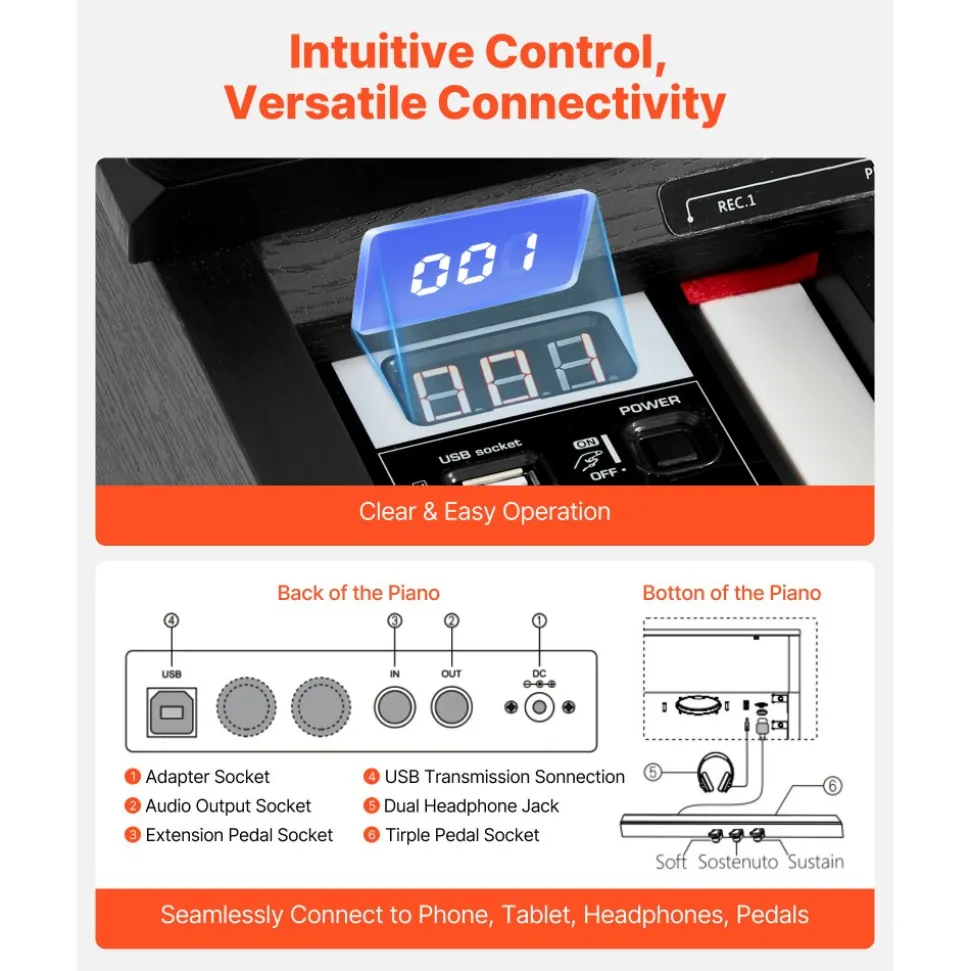 VEVOR Weighted Digital Piano, 88 Keys Fully Weighted, Electric Piano Keyboard with Furniture Stand, Power Adapter, Triple Pedal, 680 Tones, Support Wireless Connection, with Headphones, for Beginners