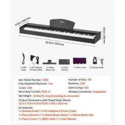 VEVOR Weighted Digital Piano, 88 Keys Fully Weighted, Electric Piano Dual Keyboard & Speakers, with Sustain Pedal, Recording Function, 238 Tones, Wireless Connection, for Beginners, Without Stand