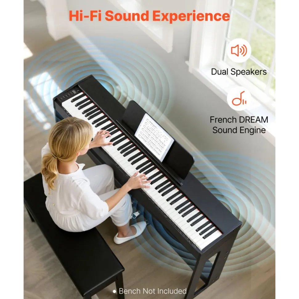 VEVOR Weighted Digital Piano, 88 Keys Fully Weighted, Electric Piano Keyboard with Furniture Stand, Power Adapter, Triple Pedal, Record Function, 280 Tones, Wireless Connection, for Beginners, Black