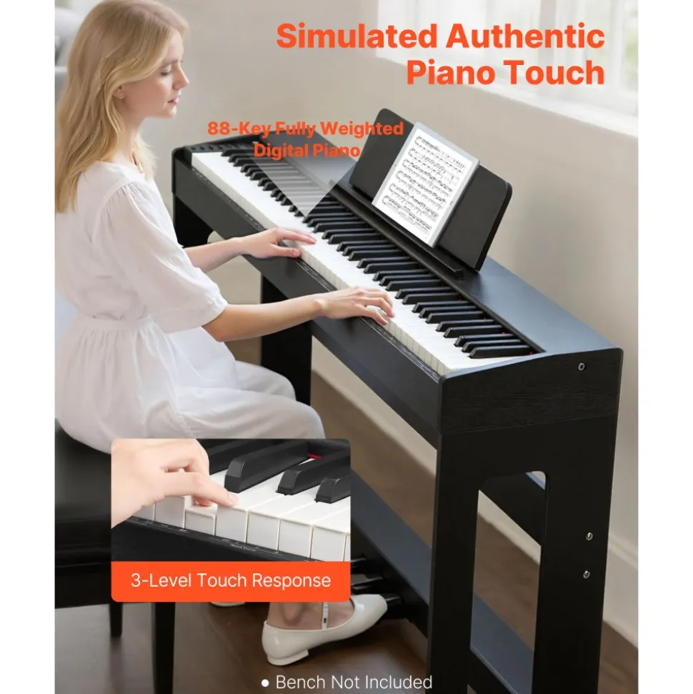 VEVOR Weighted Digital Piano, 88 Keys Fully Weighted, Electric Piano Keyboard with Furniture Stand, Power Adapter, Triple Pedal, Record Function, 280 Tones, Wireless Connection, for Beginners, Black