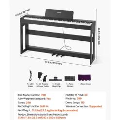 VEVOR Weighted Digital Piano, 88 Keys Fully Weighted, Electric Piano Keyboard with Furniture Stand, Power Adapter, Triple Pedal, Record Function, 280 Tones, Wireless Connection, for Beginners, Black
