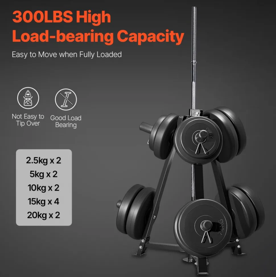 VEVOR Weight Plate Rack, Weight Plate Tree for 2-Inch Weight Plates, Standard Weight Plate Tree, 300 lbs Load Capacity Weight Storage Holder, Home Gym Barbell Rack Storage Stand, Black