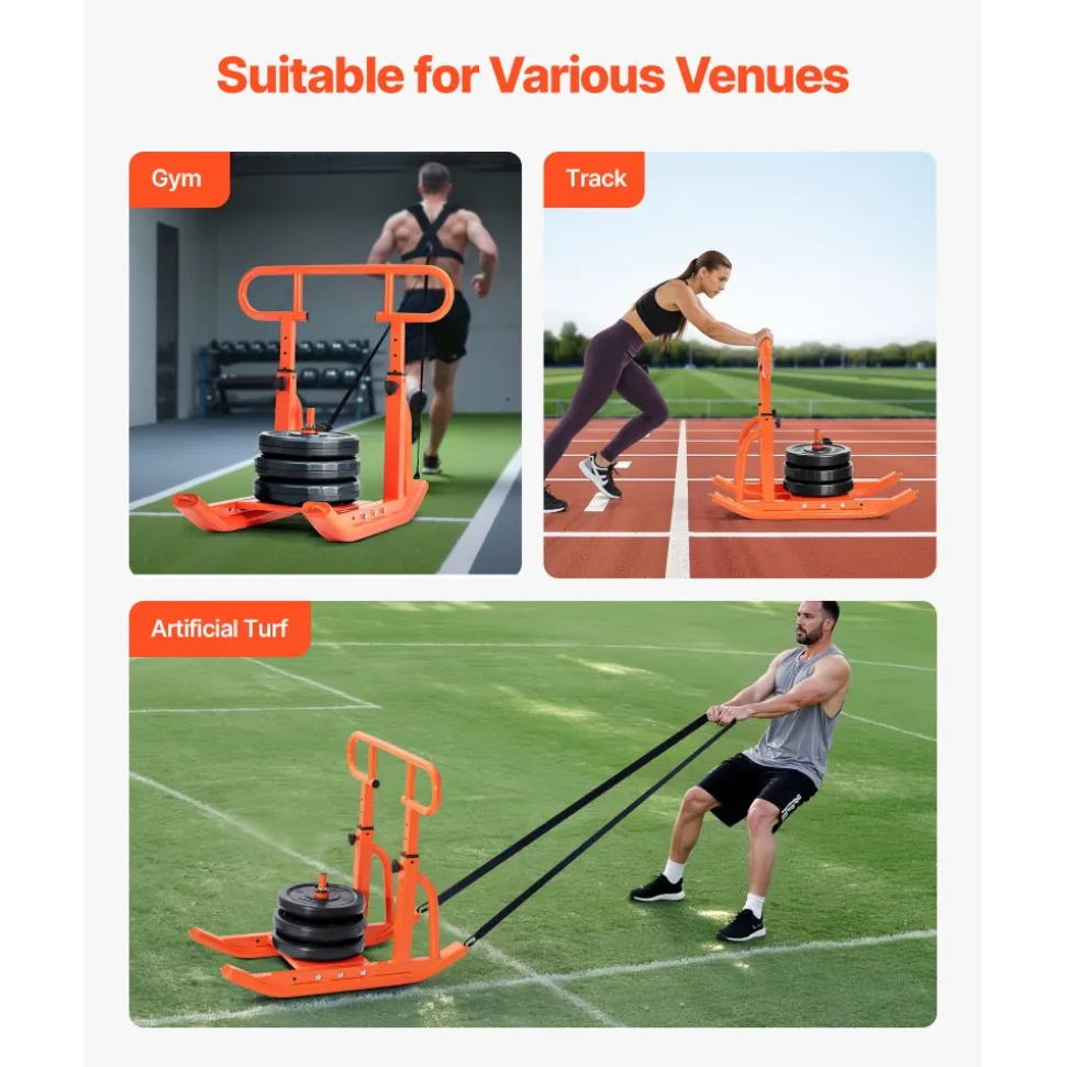 VEVOR Weight Sled, Steel Power Sled, Fitness Training Sleds for Athletic Exercise Speed Improvement, Workout Equipment with Adjustable Height Handle, Compatible with 1/2 in Weight Plates, Orange