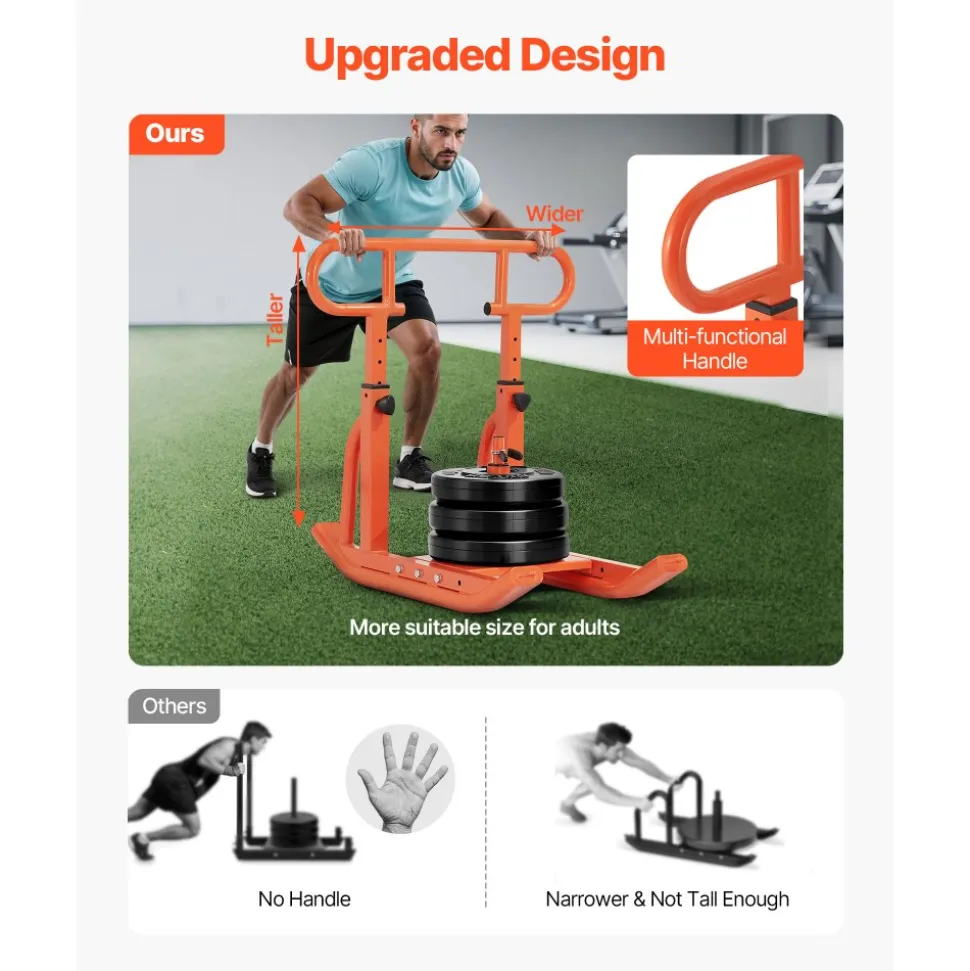 VEVOR Weight Sled, Steel Power Sled, Fitness Training Sleds for Athletic Exercise Speed Improvement, Workout Equipment with Adjustable Height Handle, Compatible with 1/2 in Weight Plates, Orange