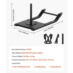 VEVOR Weight Sled, Steel Power Sled, Fitness Strength Training Sleds for Athletic Exercise Speed Improvement, Workout Fitness Equipment with Harness, Compatible with 1/2 in Weight Plates, Black