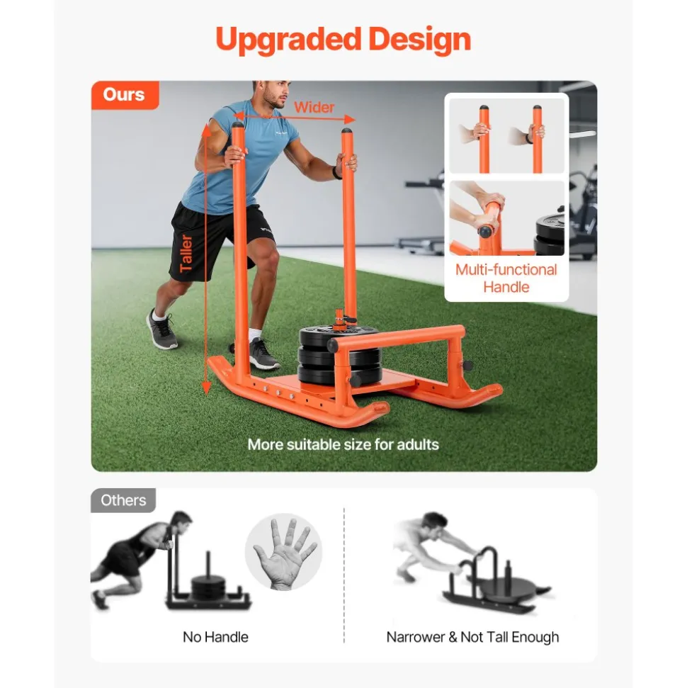 VEVOR Weight Sled, Steel Power Sled, Fitness Strength Training Sleds for Athletic Exercise Speed Improvement, Workout Fitness Equipment with Handle, Compatible with 1/2 in Weight Plates, Orange