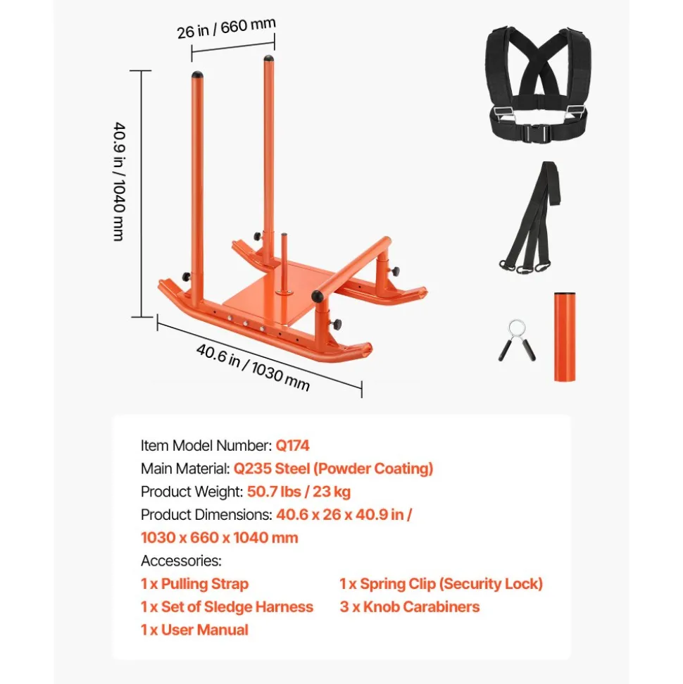 VEVOR Weight Sled, Steel Power Sled, Fitness Strength Training Sleds for Athletic Exercise Speed Improvement, Workout Fitness Equipment with Handle, Compatible with 1/2 in Weight Plates, Orange