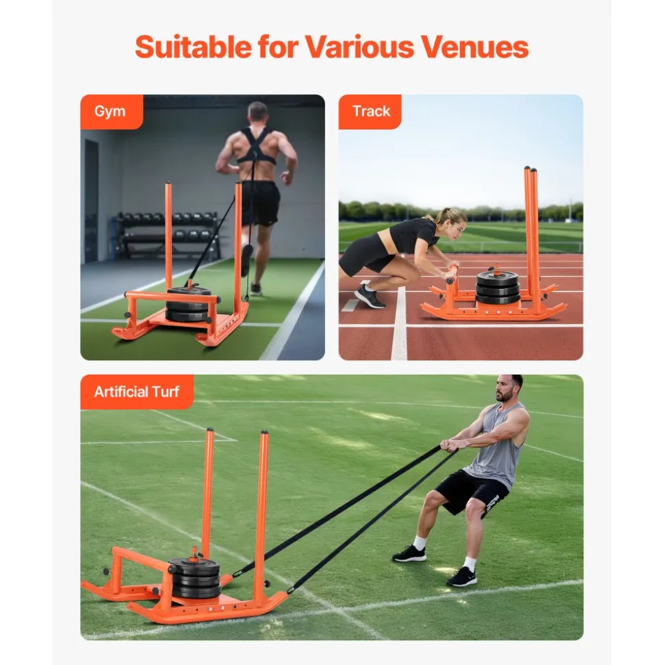 VEVOR Weight Sled, Steel Power Sled, Fitness Strength Training Sleds for Athletic Exercise Speed Improvement, Workout Fitness Equipment with Handle, Compatible with 1/2 in Weight Plates, Orange
