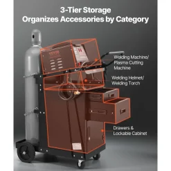 VEVOR Welding Cart, 2 Drawers Welder Cart Heavy Duty with Anti-Theft Lockable Cabinet, 350LBS Static Weight Capacity, 360° Swivel Wheels, Tank Storage Safety Chains for MIG TIG Welder, Plasma Cutter