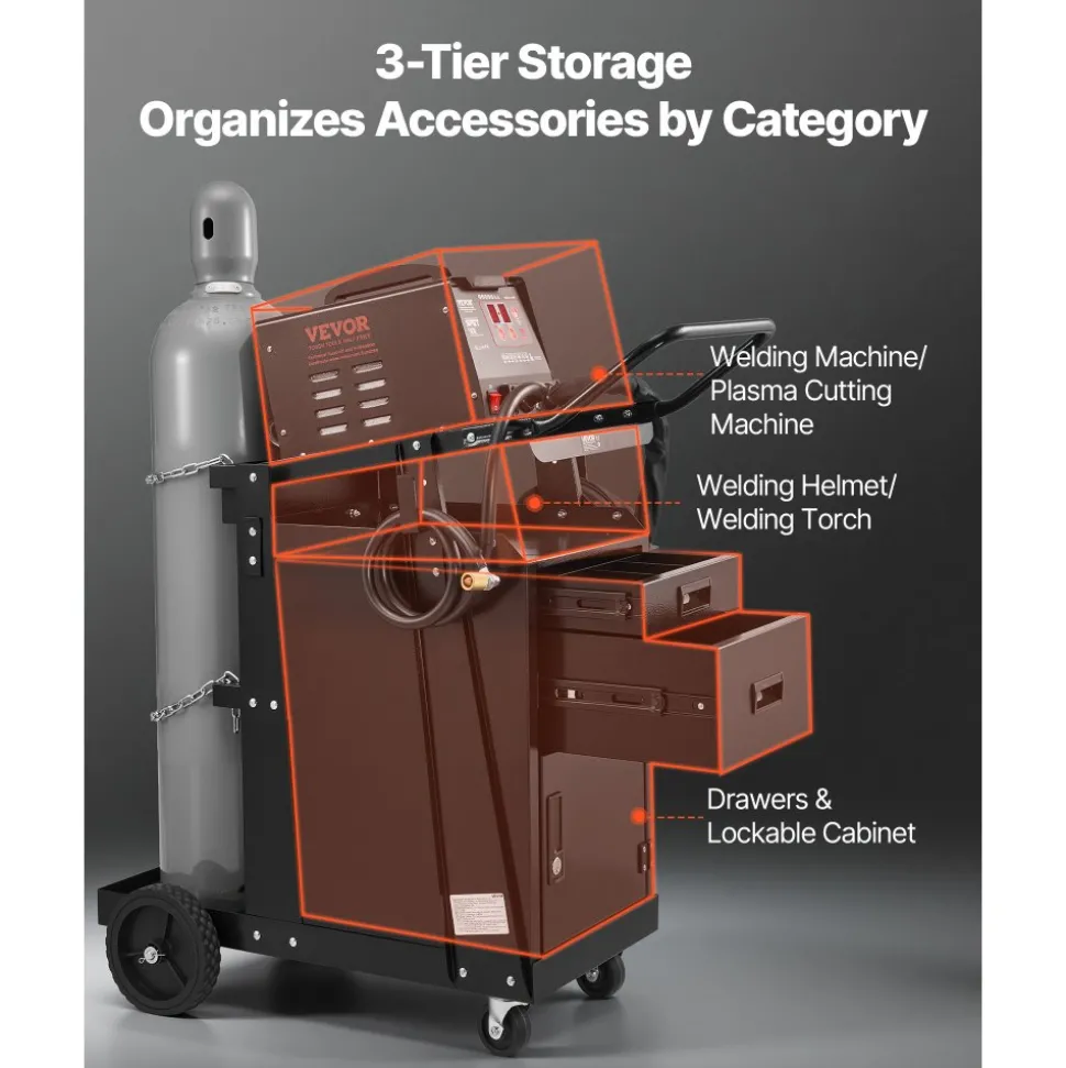 VEVOR Welding Cart, 2 Drawers Welder Cart Heavy Duty with Anti-Theft Lockable Cabinet, 350LBS Static Weight Capacity, 360° Swivel Wheels, Tank Storage Safety Chains for MIG TIG Welder, Plasma Cutter