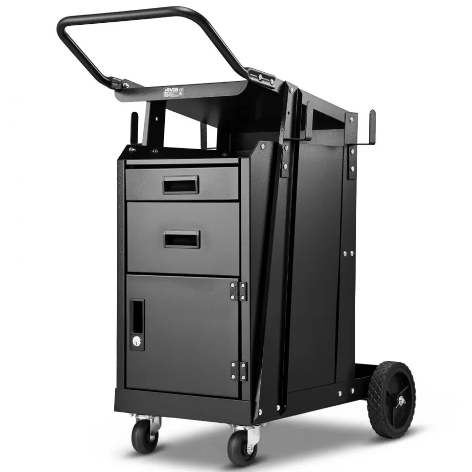 VEVOR Welding Cart, 2 Drawers Welder Cart Heavy Duty with Anti-Theft Lockable Cabinet, 350LBS Static Weight Capacity, 360° Swivel Wheels, Tank Storage Safety Chains for MIG TIG Welder, Plasma Cutter
