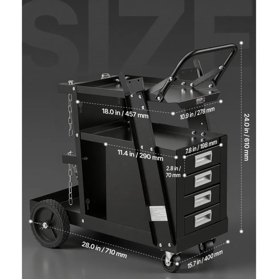 VEVOR Welding Cart, 2-Tier 4 Drawers Welder Cart with 265 LBS Weight Capacity, 360° Swivel Wheels, Tank Storage Safety Chains, Heavy Duty Rolling MIG Welder Cart for Mig Welder and Plasma Cutter