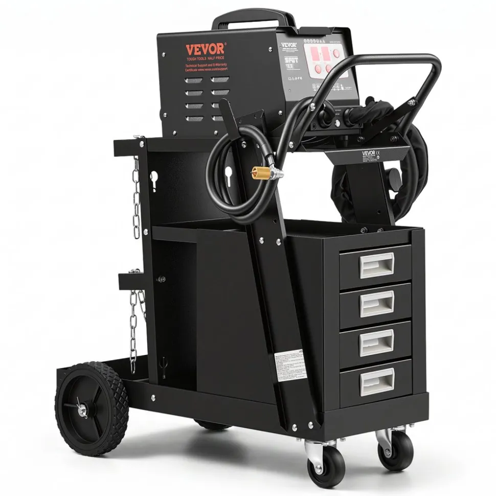 VEVOR Welding Cart, 2-Tier 4 Drawers Welder Cart with 265 LBS Weight Capacity, 360° Swivel Wheels, Tank Storage Safety Chains, Heavy Duty Rolling MIG Welder Cart for Mig Welder and Plasma Cutter