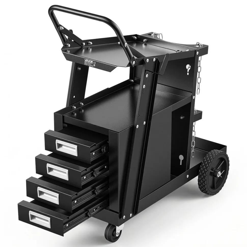 VEVOR Welding Cart, 2-Tier 4 Drawers Welder Cart with 265 LBS Weight Capacity, 360° Swivel Wheels, Tank Storage Safety Chains, Heavy Duty Rolling MIG Welder Cart for Mig Welder and Plasma Cutter
