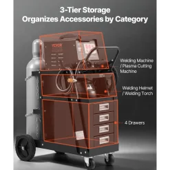 VEVOR Welding Cart, 2-Tier 4 Drawers Welder Cart with 265 LBS Weight Capacity, 360° Swivel Wheels, Tank Storage Safety Chains, Heavy Duty Rolling MIG Welder Cart for Mig Welder and Plasma Cutter