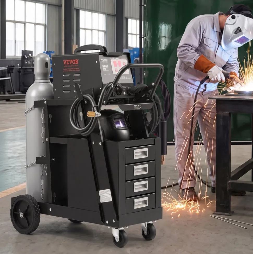 VEVOR Welding Cart, 2-Tier 4 Drawers Welder Cart with 265 LBS Weight Capacity, 360° Swivel Wheels, Tank Storage Safety Chains, Heavy Duty Rolling MIG Welder Cart for Mig Welder and Plasma Cutter