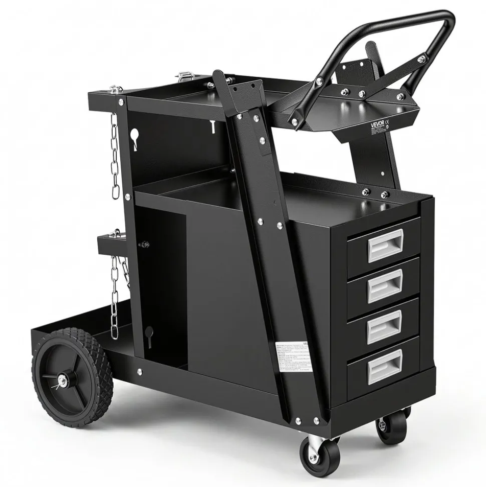 VEVOR Welding Cart, 2-Tier 4 Drawers Welder Cart with 265 LBS Weight Capacity, 360° Swivel Wheels, Tank Storage Safety Chains, Heavy Duty Rolling MIG Welder Cart for Mig Welder and Plasma Cutter