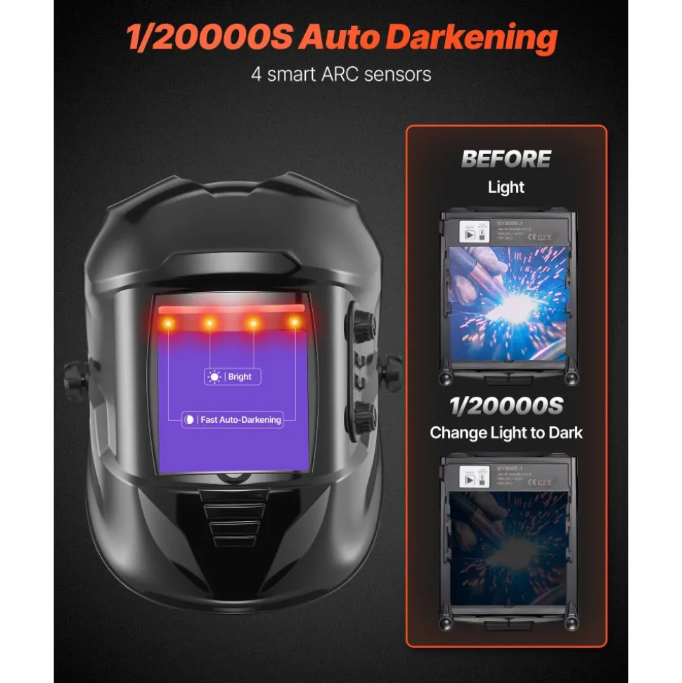 VEVOR Welding Helmet Auto Darkening, 3.94" x 3.74" True Color Welding Hood, 1/1/1/1 Solar-Powered Welder Mask 4 Arc Sensors, Wide Shade 4/5-9/9-13 for TIG MIG ARC Weld Grinding Cutting - METIS Series