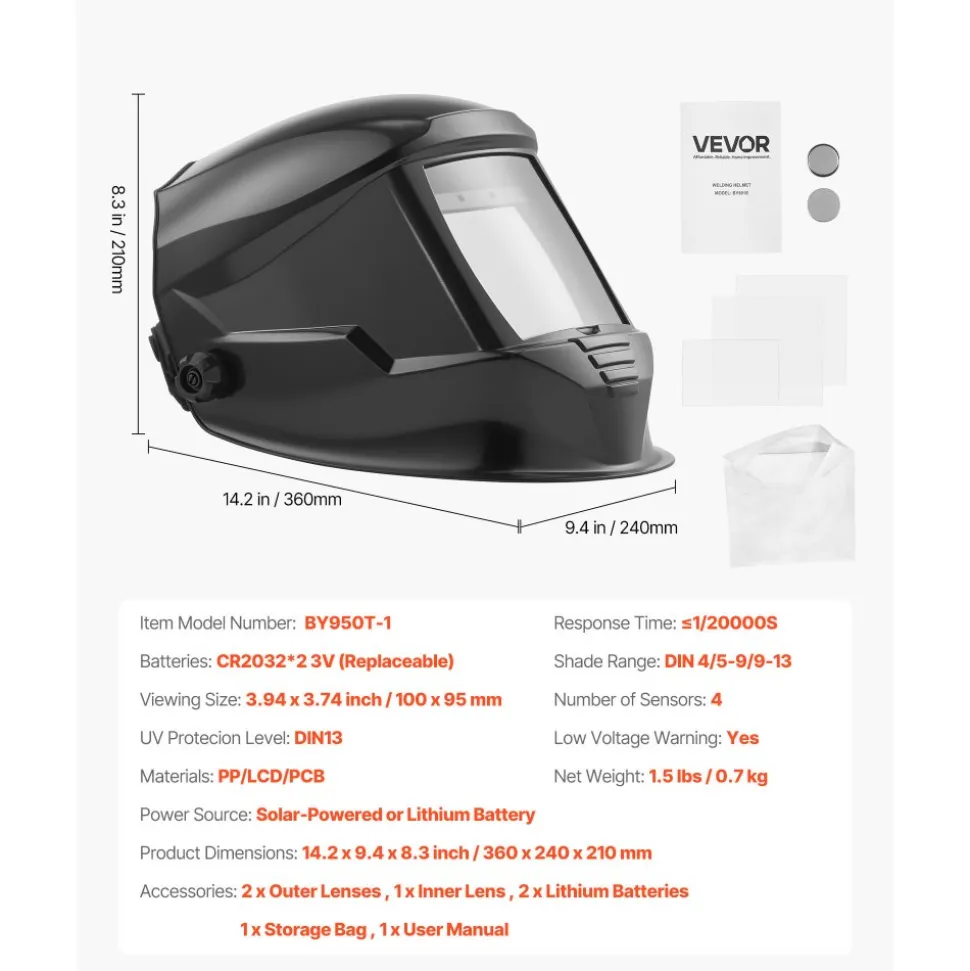 VEVOR Welding Helmet Auto Darkening, 3.94" x 3.74" True Color Welding Hood, 1/1/1/1 Solar-Powered Welder Mask 4 Arc Sensors, Wide Shade 4/5-9/9-13 for TIG MIG ARC Weld Grinding Cutting - METIS Series