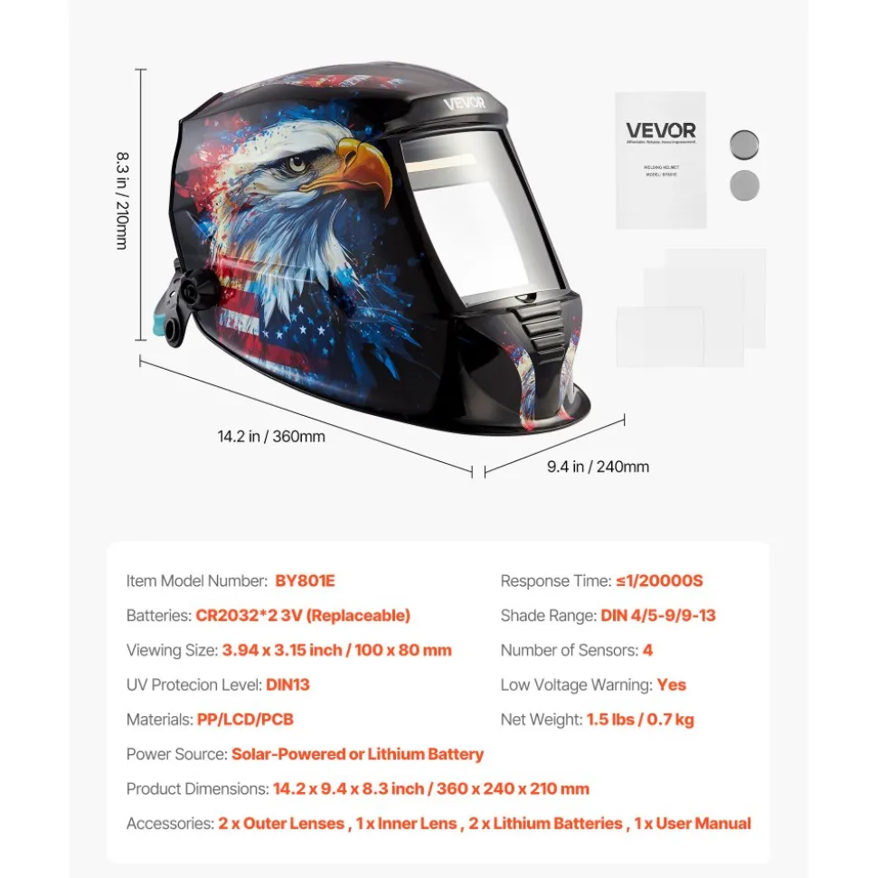 VEVOR Welding Helmet Auto Darkening, 3.94" x 3.15" True Color Welding Hood, 1/1/1/1 Solar-Powered Welder Mask 4 Arc Sensors, Wide Shade 4/5-9/9-13 for TIG MIG ARC Weld Grinding Cutting - METIS Series