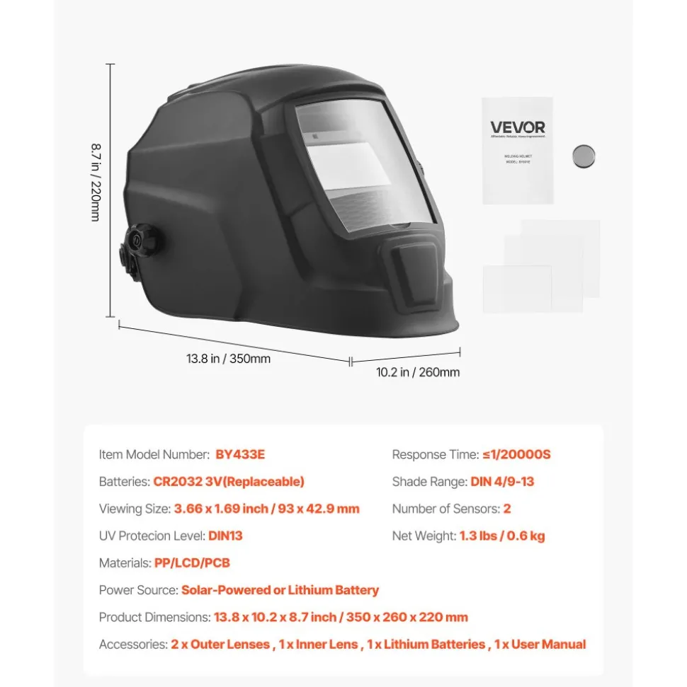 VEVOR Welding Helmet Auto Darkening, 3.66" x 1.69" True Color Welding Hood, Solar Powered Welder Mask 2 Arc Sensors, Shade 4/9-13 for TIG MIG ARC Weld Grinding - CRIUS Series (Matte Black)