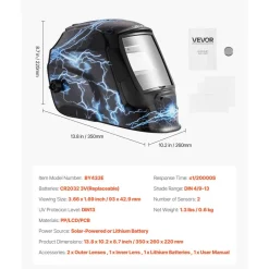 VEVOR Welding Helmet Auto Darkening, 3.66" x 1.69" True Color Welding Hood, Solar Powered Welder Mask 2 Arc Sensors, Shade 4/9-13 for TIG MIG ARC Weld Grinding - CRIUS Series (Blue Lightning Pattern)