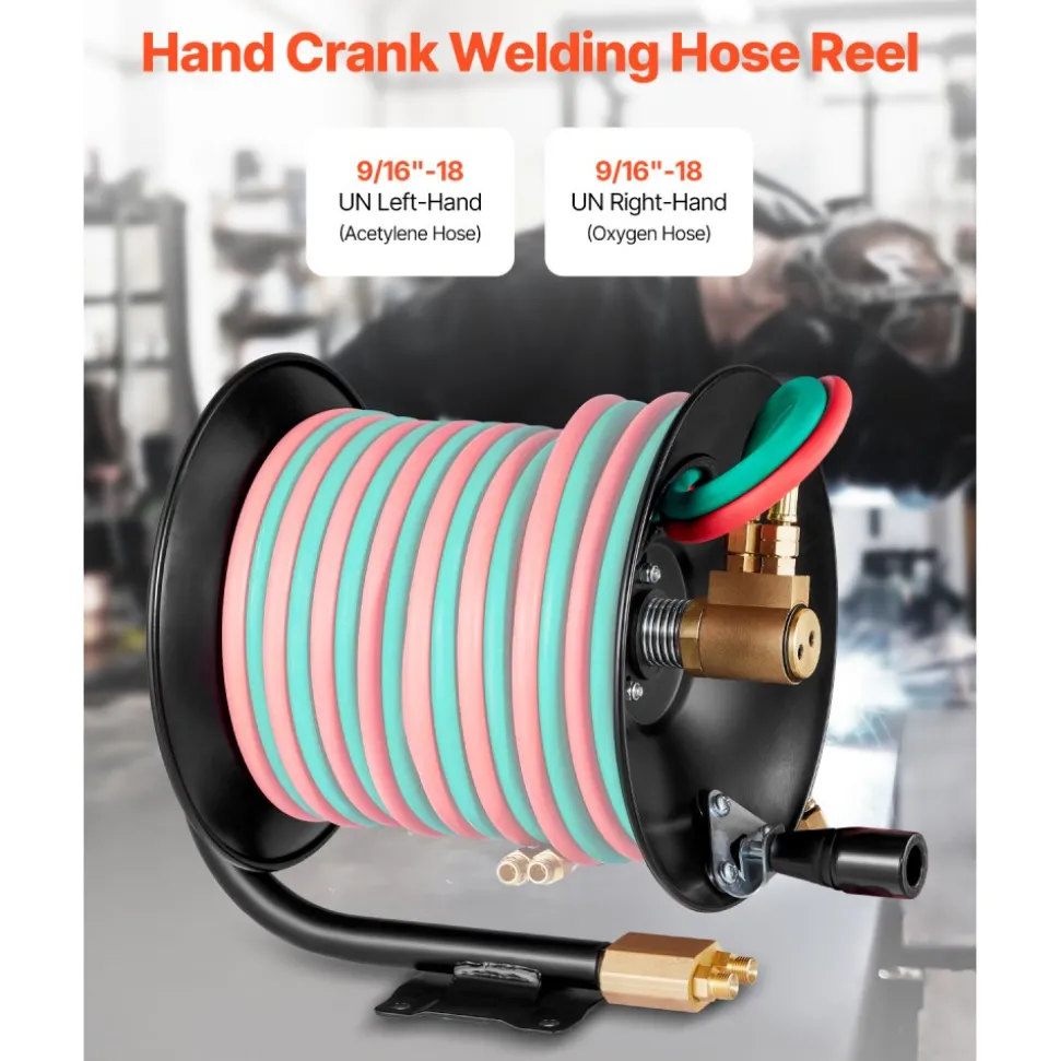 VEVOR Welding Hose Reel, Hand Crank Rewind Hose Reel with 3FT Lead-in Hose and 9/16"-18 B Fittings, Ceiling/Wall Mount Heavy Duty Steel Reel for Workshops Garages (Welding Hose Not Included)