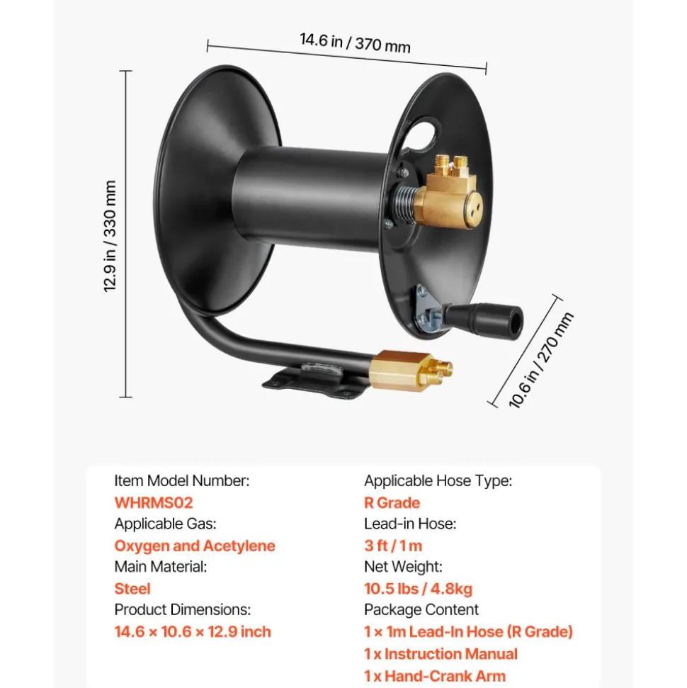 VEVOR Welding Hose Reel, Hand Crank Rewind Hose Reel with 3FT Lead-in Hose and 9/16"-18 B Fittings, Ceiling/Wall Mount Heavy Duty Steel Reel for Workshops Garages (Welding Hose Not Included)