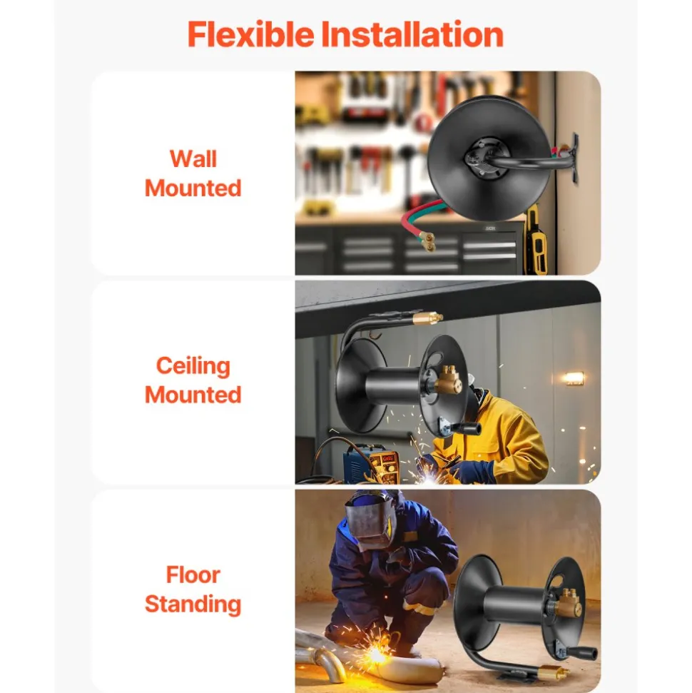 VEVOR Welding Hose Reel, Hand Crank Rewind Hose Reel with 3FT Lead-in Hose and 9/16"-18 B Fittings, Ceiling/Wall Mount Heavy Duty Steel Reel for Workshops Garages (Welding Hose Not Included)