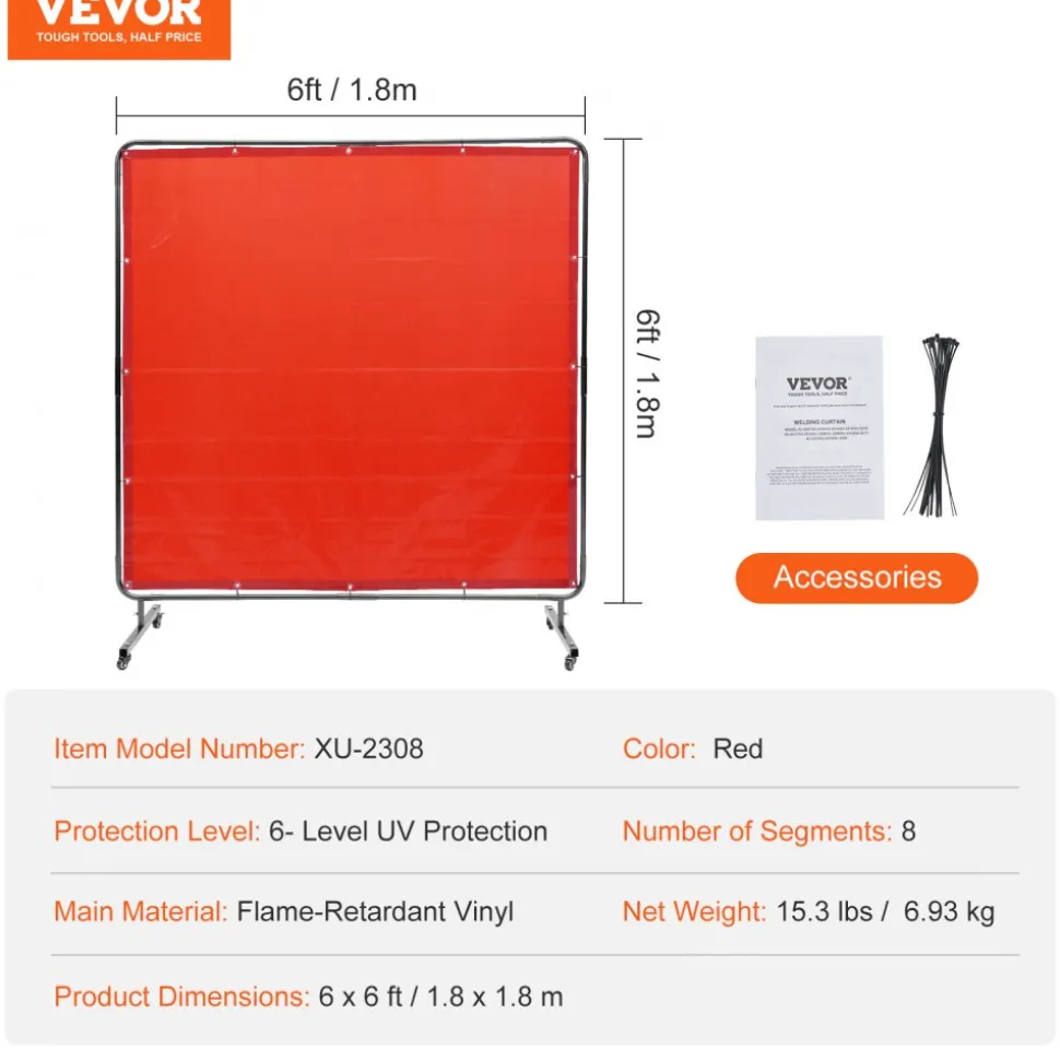 VEVOR Welding Screen with Frame, 6' x 6' Welding Curtain Screen, Flame-Resistant Vinyl Welding Protection Screen on 4 Swivel Wheels (2 Lockable), Moveable & Professional for Workshop/Industrial, Red
