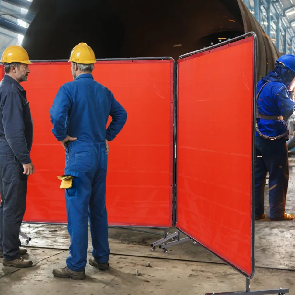 VEVOR Welding Screen with Frame, 6' x 6' 3 Panel Welding Curtain Screens, Flame-Resistant Vinyl Welding Protection Screen on 12 Swivel Wheels (6 Lockable), Moveable & Professional for Workshop, Red