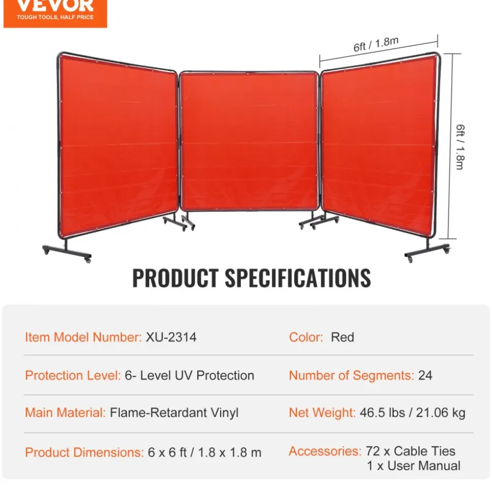 VEVOR Welding Screen with Frame, 6' x 6' 3 Panel Welding Curtain Screens, Flame-Resistant Vinyl Welding Protection Screen on 12 Swivel Wheels (6 Lockable), Moveable & Professional for Workshop, Red