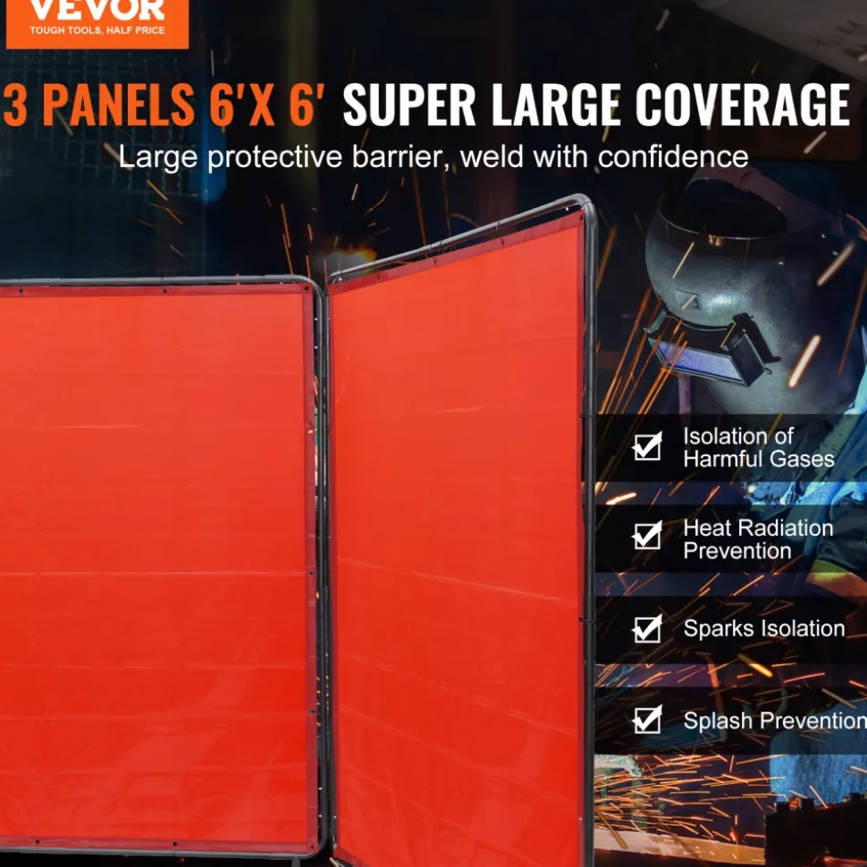 VEVOR Welding Screen with Frame, 6' x 6' 3 Panel Welding Curtain Screens, Flame-Resistant Vinyl Welding Protection Screen on 12 Swivel Wheels (6 Lockable), Moveable & Professional for Workshop, Red
