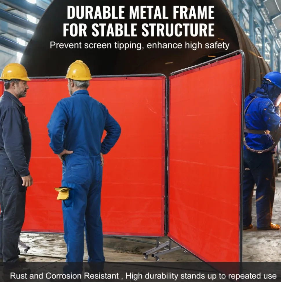VEVOR Welding Screen with Frame, 6' x 6' 3 Panel Welding Curtain Screens, Flame-Resistant Vinyl Welding Protection Screen on 12 Swivel Wheels (6 Lockable), Moveable & Professional for Workshop, Red