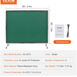 VEVOR Welding Screen with Frame, 6' x 8' Welding Curtain Screen, Flame-Resistant Vinyl Welding Protection Screen on 4 Swivel Wheels (2 Lockable), Moveable & Professional for Workshop/Industrial, Green