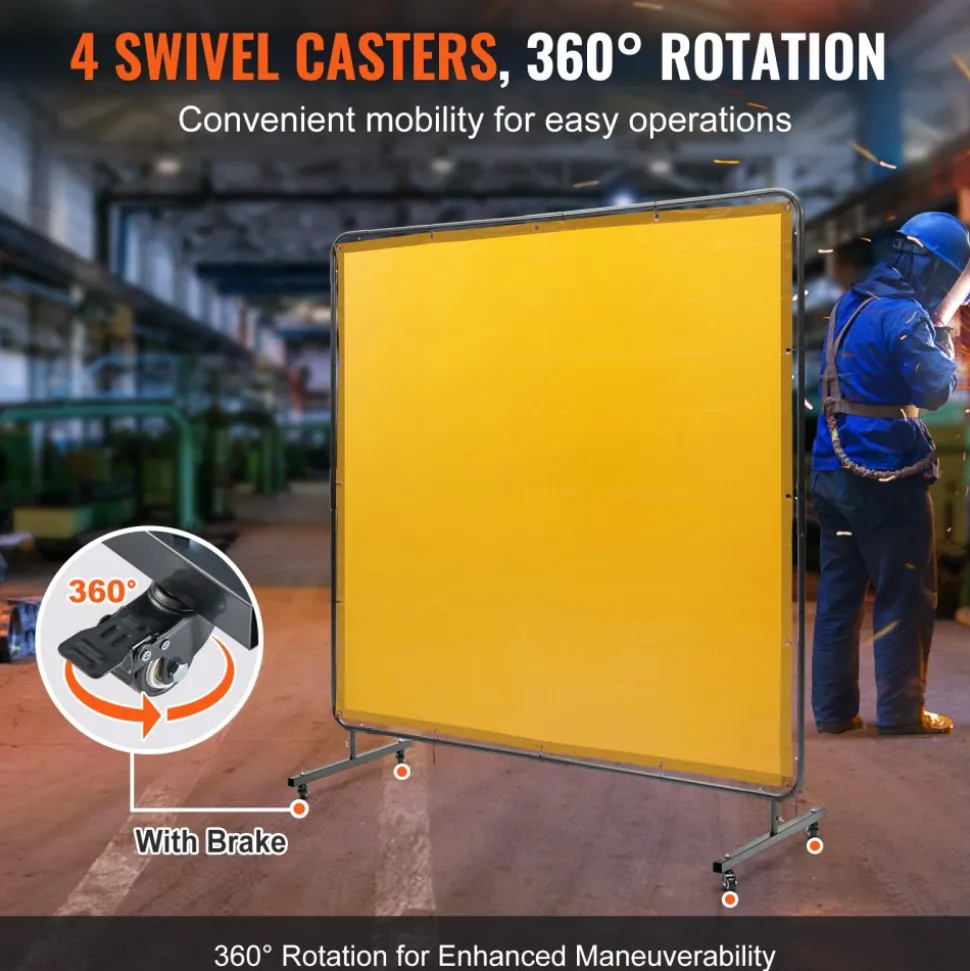 VEVOR Welding Screen with Frame, 6' x 6' Welding Curtain Screen, Flame-Resistant Vinyl Welding Protection Screen on 4 Swivel Wheel (2 Lockable), Moveable & Professional for Workshop/Industrial, Yellow