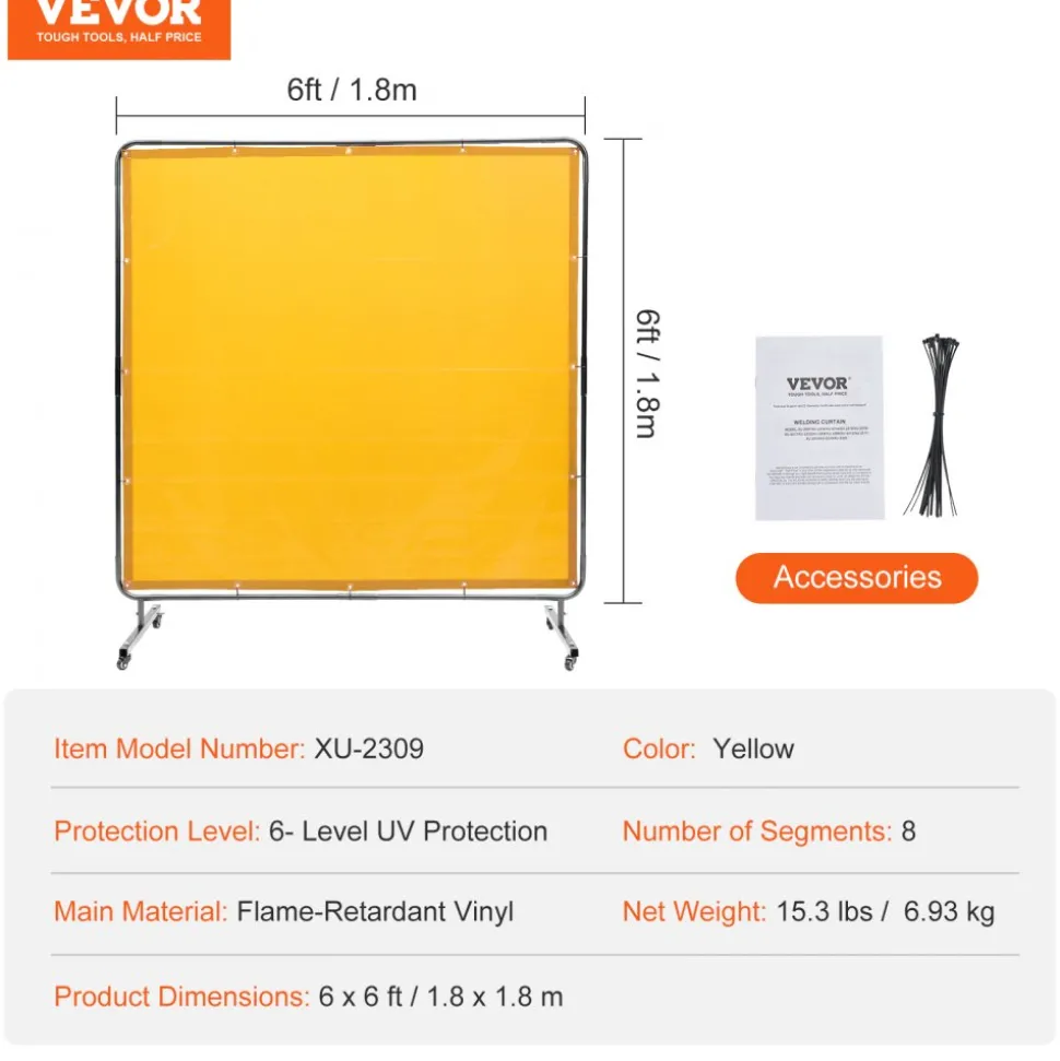 VEVOR Welding Screen with Frame, 6' x 6' Welding Curtain Screen, Flame-Resistant Vinyl Welding Protection Screen on 4 Swivel Wheel (2 Lockable), Moveable & Professional for Workshop/Industrial, Yellow