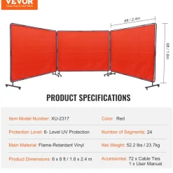 VEVOR Welding Screen with Frame, 6' x 8' 3 Panel Welding Curtain Screens, Flame-Resistant Vinyl Welding Protection Screen on 12 Swivel Wheels (6 Lockable), Moveable & Professional for Workshop, Red