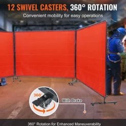 VEVOR Welding Screen with Frame, 6' x 8' 3 Panel Welding Curtain Screens, Flame-Resistant Vinyl Welding Protection Screen on 12 Swivel Wheels (6 Lockable), Moveable & Professional for Workshop, Red