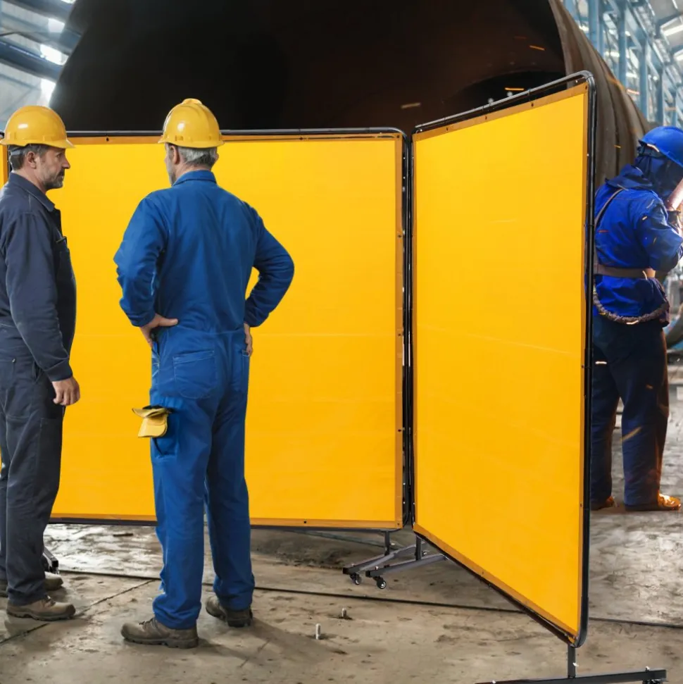 VEVOR Welding Screen with Frame, 6' x 6' 3 Panel Welding Curtain Screens, Flame-Resistant Vinyl Welding Protection Screen on 12 Swivel Wheels (6 Lockable), Moveable & Professional for Workshop, Yellow