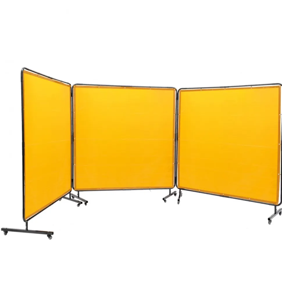 VEVOR Welding Screen with Frame, 6' x 6' 3 Panel Welding Curtain Screens, Flame-Resistant Vinyl Welding Protection Screen on 12 Swivel Wheels (6 Lockable), Moveable & Professional for Workshop, Yellow