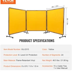 VEVOR Welding Screen with Frame, 6' x 6' 3 Panel Welding Curtain Screens, Flame-Resistant Vinyl Welding Protection Screen on 12 Swivel Wheels (6 Lockable), Moveable & Professional for Workshop, Yellow