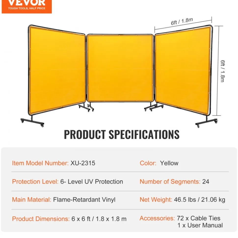 VEVOR Welding Screen with Frame, 6' x 6' 3 Panel Welding Curtain Screens, Flame-Resistant Vinyl Welding Protection Screen on 12 Swivel Wheels (6 Lockable), Moveable & Professional for Workshop, Yellow