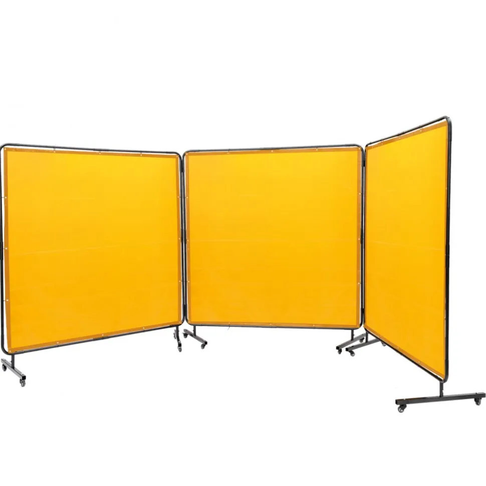 VEVOR Welding Screen with Frame, 6' x 6' 3 Panel Welding Curtain Screens, Flame-Resistant Vinyl Welding Protection Screen on 12 Swivel Wheels (6 Lockable), Moveable & Professional for Workshop, Yellow
