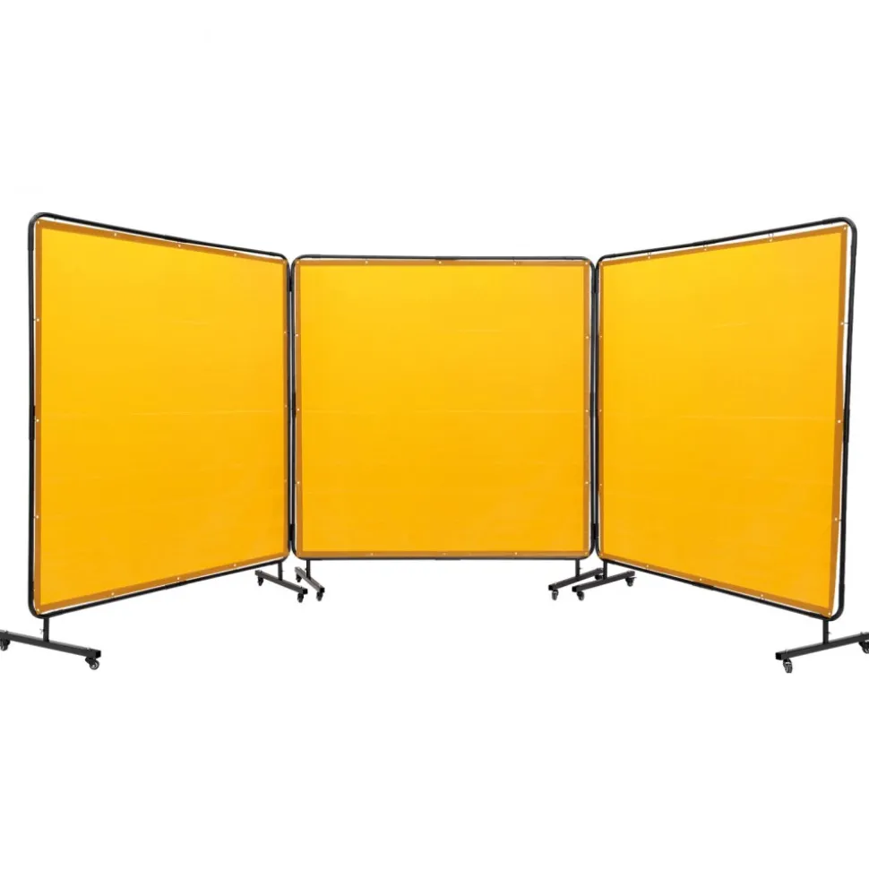 VEVOR Welding Screen with Frame, 6' x 6' 3 Panel Welding Curtain Screens, Flame-Resistant Vinyl Welding Protection Screen on 12 Swivel Wheels (6 Lockable), Moveable & Professional for Workshop, Yellow