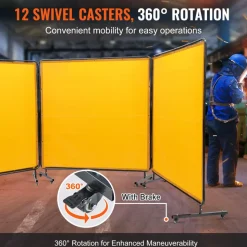 VEVOR Welding Screen with Frame, 6' x 6' 3 Panel Welding Curtain Screens, Flame-Resistant Vinyl Welding Protection Screen on 12 Swivel Wheels (6 Lockable), Moveable & Professional for Workshop, Yellow