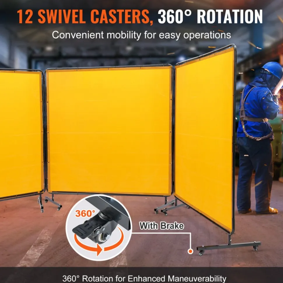 VEVOR Welding Screen with Frame, 6' x 6' 3 Panel Welding Curtain Screens, Flame-Resistant Vinyl Welding Protection Screen on 12 Swivel Wheels (6 Lockable), Moveable & Professional for Workshop, Yellow
